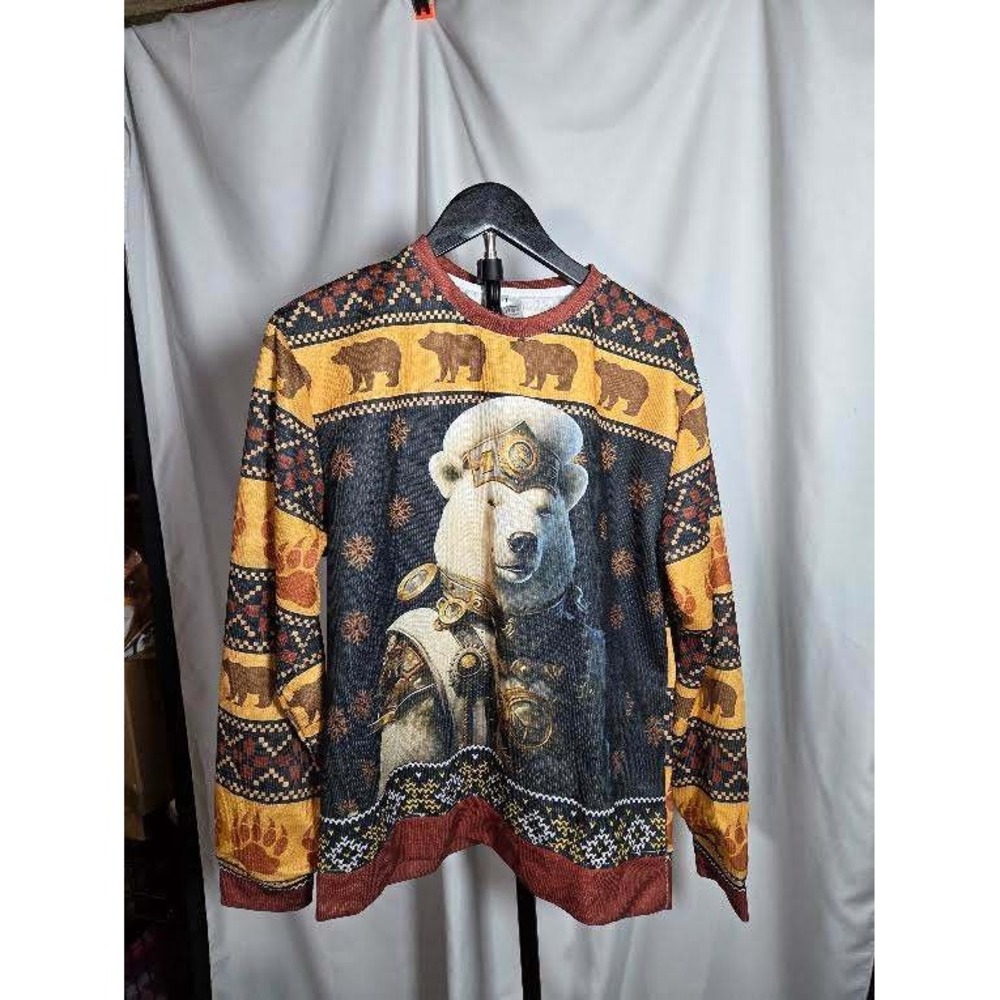 Armored Polar Bear Fair Isle Sweatshirt Mens Large All Over Print Fantasy Top